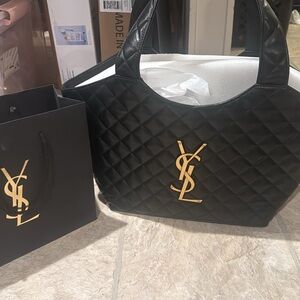 Designer inspired lambskin Quilted Logo Tote Bag in Black with Gold Hardware